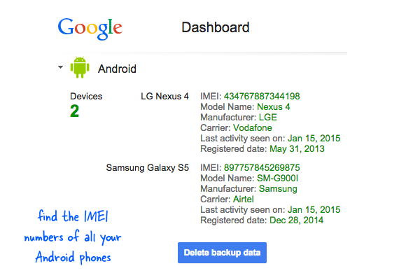 IMEI number of lost android device