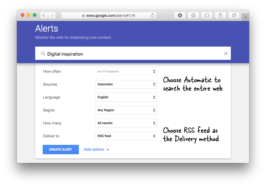 Make RSS Feeds for Google Search Results